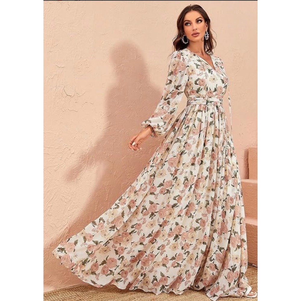 Toleen Floral Maxi Dress Long Sleeve V-Neck Rose Print Chiffon Gown Cream Pink M